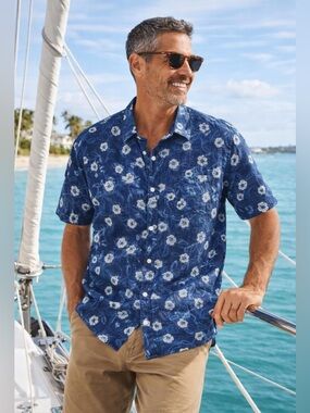 Lucky Brand Linen Camp Shirt Nautical Blue Floral Beach Dad 100% Linen XL Summer